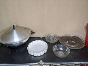 lot 239 image: Electric Wok, Cut Glass Serving Dishes and White Ceramic Dish