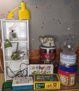 lot 204 image: Decorative Tin Storage Containers, Lamps, Small Shelf, Mosaic Pottery Tea Pot & Misc. Items