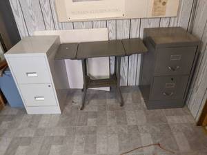 lot 145 image: Vintage Work Table on Wheels and (2) Metal File Cabinets
