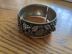 lot 307 image: Vintage Wide Silver Bangle Applique FloralFruit Work