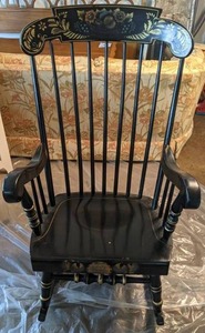 lot 264 image: Gorgeous Black Wooden Rocking Chair w Stunning Detail Throughout