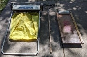 lot 313 image: Wooden Creeper, Rake, & Lambert Mark 26 Push Sweeper