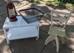 lot 312 image: Vintage Lantern, Vintage White Table, Vintage Chair, Metal Basket
