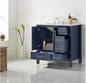 Gela 36 in. Vanity in Blue with Marble Vanity Top in White with White Basin the retail price $829.50