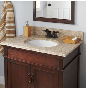 31 in. x 22 in. Granite Vanity Top in Beige with White Bowl and 4 in. Faucet Spread the retail price $239.00