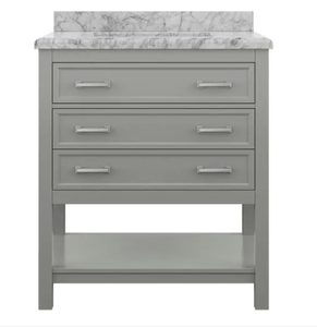 Everett 31 in. x 22 in. Vanity Cabinet in Grey with Carrara Marble Vanity Top in White with White Basin the retail price $799.00