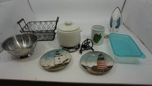 Metal Basket--Metal Colander--Stoneware Electric Bean Pot--Utensil Holder--Perfection Electric Iron--Ziploc Storage Container Two Designers Plates
