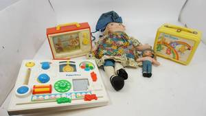 Rag Dolls--Care Bears Lunch Pail--Fisher Price Music Box TV--Fisher Price Baby Toy