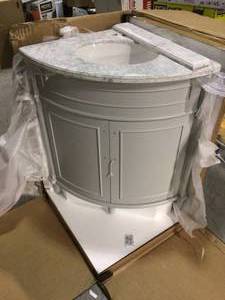 Aberdeen 32 in. W x 23 in. D Corner Vanity in Grey with Carrara Marble Top with White Sinks by Home Decorators Collection (see all pictures)