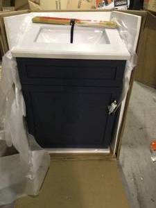 Lincoln 24 in. W x 22 in. D Vanity in Midnight Blue with Marble Vanity Top in White with White Sink by Home Decorators Collection (good condition) see all pictures