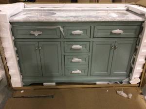 Windlowe 61 in. W x 22 in. D x 35 in. H Bath Vanity in Green with Carrera Marble Vanity Top in White with White Sink by Home Decorators Collection (in good condition) see pictures