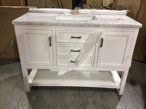 Everett 49 in. W x 22 in. D Vanity Cabinet in White with Carrara Marble Vanity Top in White with White Basin by Home Decorators Collection in good condition see pictures