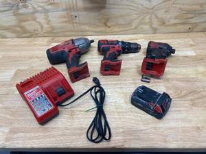 lot 72 image: MILWAUKEE Lot of 3 Tools- Impact Wrench, Impact Drill and Hammer Drill with ChargerBattery.