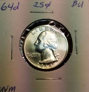 lot 28 image: 1964-D WASHINGTON SILVER QUARTER BU