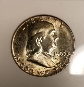 lot 36 image: 1953 FRANKLIN HALF DOLLAR MS63 FBL ANACS full bell lines