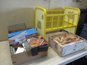 lot 6 image: Musical Rocking Horse  Misc and 1950s Doll Crib