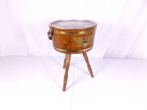 Vintage Wood 3 Legged, Metal Top Small Kettle Table