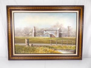 Larger Wood Framed Artist Signed Oil on Canvas Farm Scene Painting