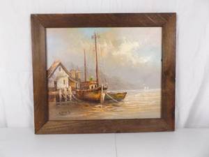 Wood Framed Artist Signed Oil on Canvas Seaside Dock Painting