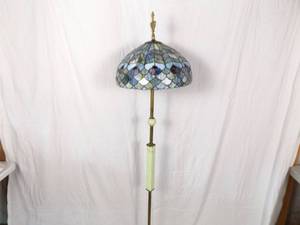 Antique WORKING Cast Metal Green Slag Glass Tiffany Style Blue Shade Floor Lamp