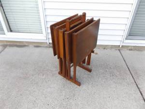 Vintage SOLID Wood 5 Piece Doweled Folding Snack Table Set