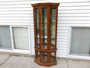 Vintage 3 Shelf Wood Lighted and Mirrored Shallow Curio Cabined