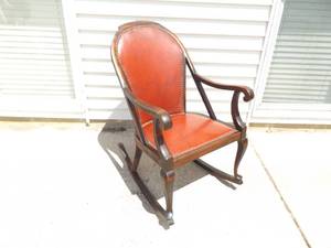 Antique Wood Leather Backed and Bottomed Rocking Chair