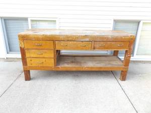 LARGE Vintage SOLID Wood Work Bench With Wood Box Inserts