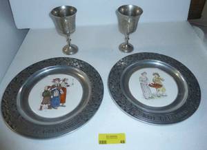 lot 48 image: 2 Pewter Kate Greenway plates and 2 silverplated goblets