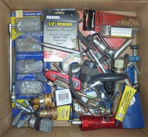 lot 94 image: Kotter Pins, staples, hose repair, screwdriver with light, hitch pins and more