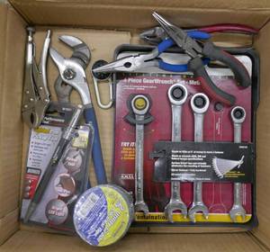 lot 100 image: GearWrench set, pliers, tape, light