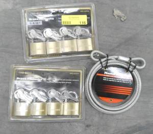 lot 116 image: 2 sets of Tru-Bolt Brass Padlocks 4 in each set, keyed the same, and a master lock cable