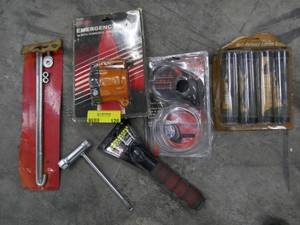 lot 126 image: Light, Lithium grease, scraper, battery bolts, siphon bulb and hose, drill bit kit