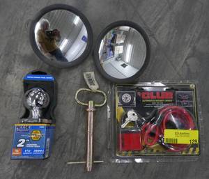 lot 129 image: New 2 hitch ball, hitch pin, spare tire lock, truck mirrors