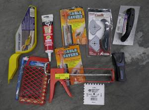 lot 130 image: House repair items, Caulking tools, gutter scoop