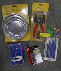 lot 139 image: New Snap ring plier set, locknut wrench kit, punches, magnetic tray, Kobalt bit driver set