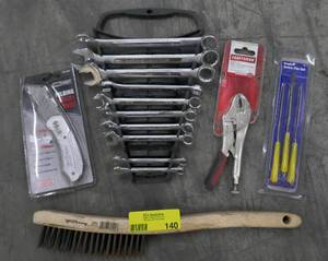 lot 140 image: New open end wrenches, Craftsman locking pliers, utility knife, files, wire brush