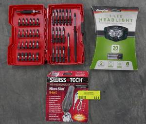 lot 141 image: New Milwaukee bit set, headlamp, Swiss Tech multi tool