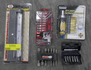 lot 142 image: New LED light, Precision knife set, Stubby Screwdriver and bits and nut driver set