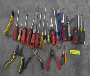 lot 145 image: Lot of screwdrivers, snips, files, chisel, snap ring plier, punches