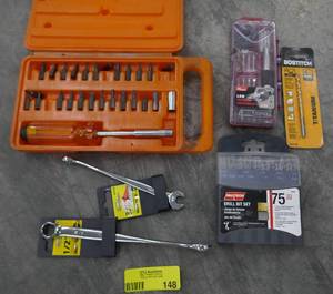 lot 148 image: New 75 pc drill bit set, bit set, 2 twist wrenches, precision screwdriver set