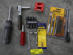 lot 149 image: New DeWalt bit set and extensions, nut drivers, a couple small adjustable ratchets and a demagnetizer
