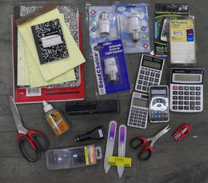 lot 160 image: Office supplies - notepads, scissors, glass nail files, gorilla glue, sunglasses, calculators