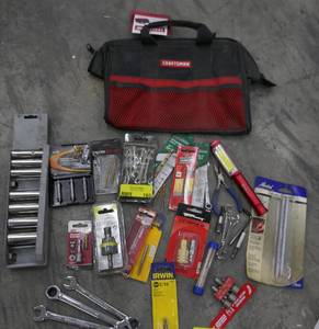 lot 165 image: New Craftsman tool bag with various tools, sockets, wrenches, drill bits nice Nebo light