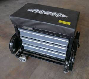 lot 178 image: New Performax rolling seat with 3 drawers and slots for tools