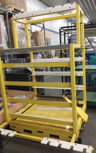 lot 220 image: Heavy steel storage cart 47 L x 80 Tall x 40 wide with wheels, fork pockets and a tow bar and a brake