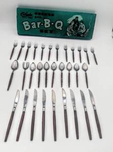 lot 12 image: Mid-Century Ekco Eterna Canoe Muffin Style Flatware  & 1950s Clyde Boxed BBQ Set ($300 Value)