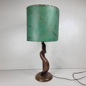 lot 01 image: Rare Vintage 1950s Walnut Carved Swirl Danish Lamp wFiberglass Shade-Still Works (Valued 250)