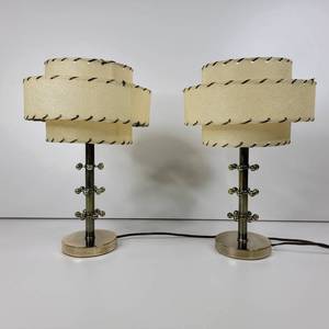 lot 04 image: Pair of Vintage Mid-Century Gold-Tone Sputnik Bedside Lamps wFiberglass Shades- Still Works