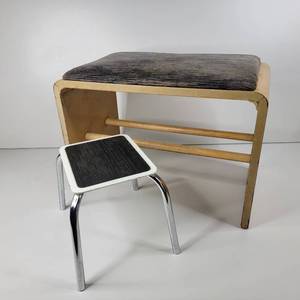 lot 08 image: Antique 1930s Bent Wood Vanity Bench & Vintage1950s Chrome Legged Footstool